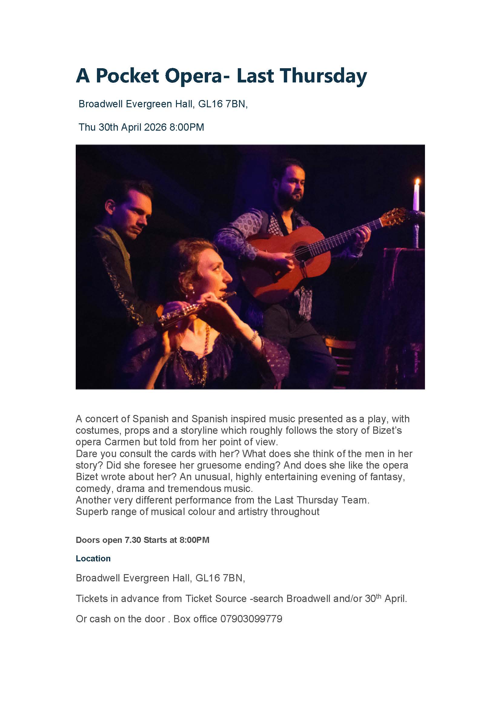 Pocket Opera - Last Thursday. 30th April @ 7.30pm. Broadwell Evergreen Hall. 